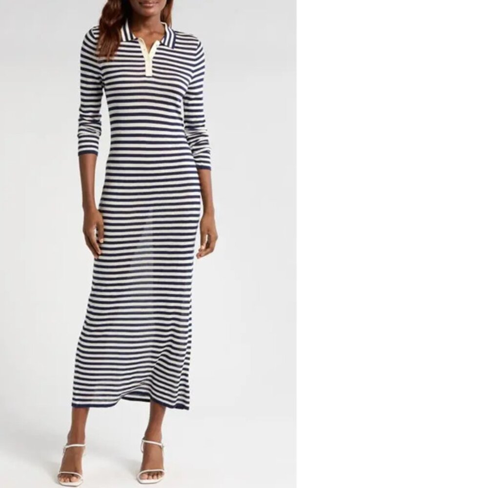 Wayf Black & Navy  Colette Striped Long-Sleeve Knit Long Dress, NWT, M
